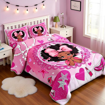 Black Princess Girly Comforter Set Queen Size,High-heeled Shoes Lip Bowknot Diamond Bedding Set,Girls Women Room Decor,African American Girls Down Comforter,Pink Cute Duvet Insert,2 Pillowcases