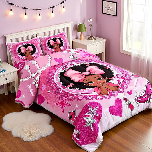 Black Princess Girly Comforter Set Queen Size,High-heeled Shoes Lip Bowknot Diamond Bedding Set,Girls Women Room Decor,African American Girls Down Comforter,Pink Cute Duvet Insert,2 Pillowcases
