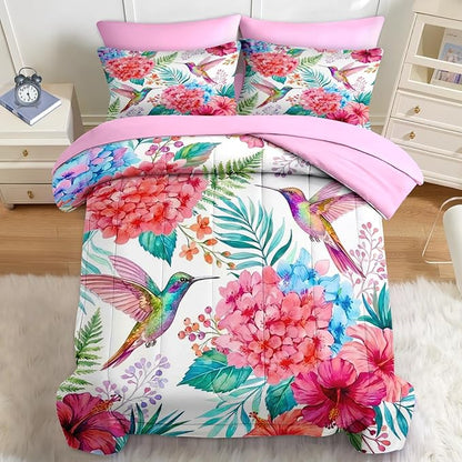 Nesker 7 Pcs Spring Comforter Set Full Size, Hummingbird Floral Bedding Set for Kids and Adults, Pink Tropical Botanical Bed Sheet Sets with Fitted Sheet 2 Pillowcases & 2 Shams