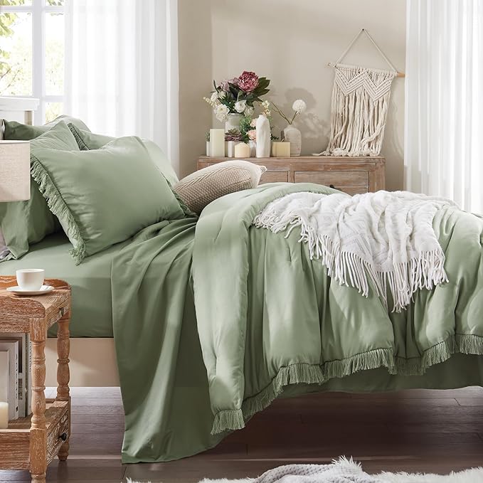 Anluoer Queen Comforter Set - 7 Piece Boho Bed in a Bag with Tassel - Lightweight Soft Bedding Set with 1 Comforter, 2 PillowShams, 2 Pillowcases, 1 Flat Sheet, 1 Fitted Sheet in Sage Green