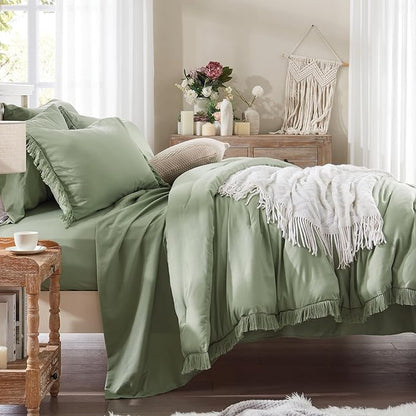 Anluoer Queen Comforter Set - 7 Piece Boho Bed in a Bag with Tassel - Lightweight Soft Bedding Set with 1 Comforter, 2 PillowShams, 2 Pillowcases, 1 Flat Sheet, 1 Fitted Sheet in Sage Green