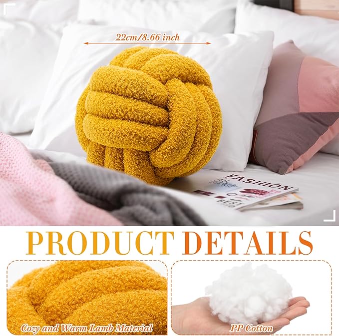 4 Pcs Knot Pillow Ball Soft Sherpa Throw Pillow 8.6'' Decorative Round Accent Pillows Aesthetic Decor Handmade Cushion for Home Couch Bed Sofa Chair(Warm)