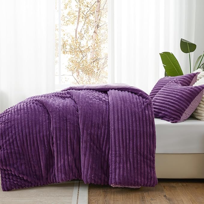BEDELITE Fleece Twin Comforter Set -Super Soft & Warm Fluffy Purple Bedding, Luxury Fuzzy Heavy Bed Set for Winter with 1 Pillow case