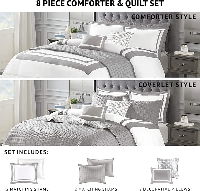 Madison Park Heritage Comforter Quilt Combo Set - Modern Luxury Design, All Season Down Alternative Bedding, Matching Shams, Decorative Pillows, King/Cal King(104"x92"), Color Block Grey 8 Piece