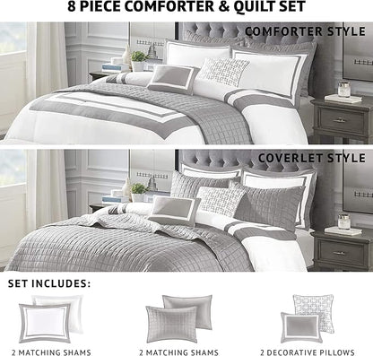 Madison Park Heritage Comforter Quilt Combo Set - Modern Luxury Design, All Season Down Alternative Bedding, Matching Shams, Decorative Pillows, King/Cal King(104"x92"), Color Block Grey 8 Piece