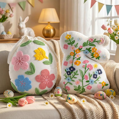 Lanpn Easter Bunny Egg Shaped Throw Pillows Set of 2, Floral Embroidered Rabbit Decorative Cushions for Sofa Couch Bedroom Spring Holiday Home Decor (White)