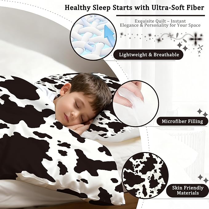 Kids Cow Print Comforter Set Queen Size Cartoon Milk Bedding Set for Kids and Adults Microfiber Cow Print Farmhouse Bed Set Ultra Soft Bedding Set for All Seasons