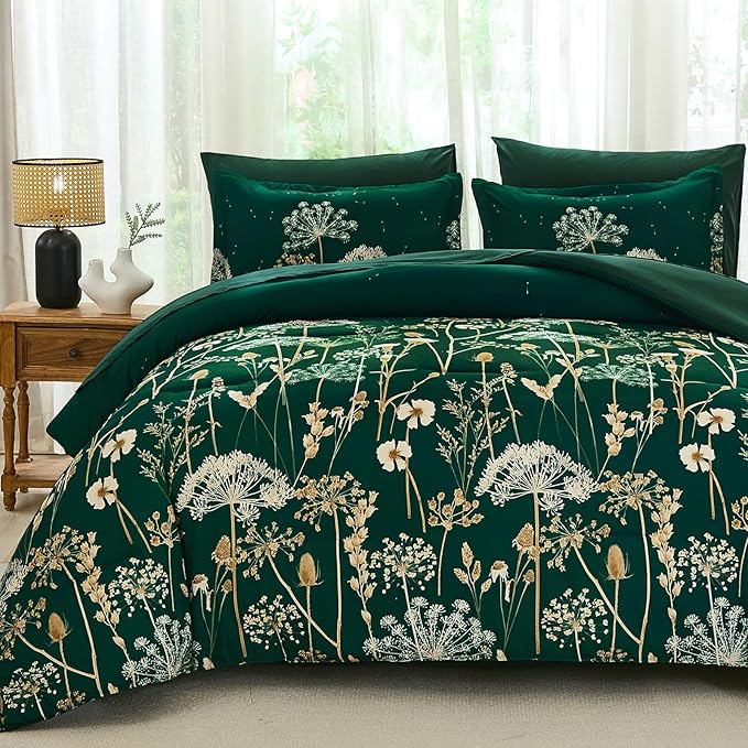 Yiran 7 Piece Comforter Set King Size, Dark Green Dandelion Floral Bedding Set, Botanical Bed in a Bag King, Soft Microfiber Complete Bedding Set with Comforter, Sheets, Pillowcases & Shams