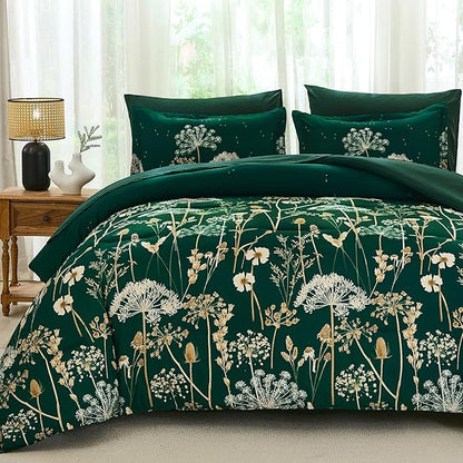 Yiran 7 Piece Comforter Set King Size, Dark Green Dandelion Floral Bedding Set, Botanical Bed in a Bag King, Soft Microfiber Complete Bedding Set with Comforter, Sheets, Pillowcases & Shams