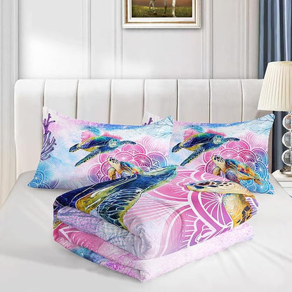 HOSIMA Sea Turtle Bedding,Coastal Beach Themed Comforter Full Size for Kids Teen Girls Boys Room Decor,Toddler Bedding Set, Mandala Turtle Comforter with 2 Pillowcases.