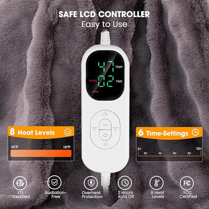 Heated Blanket Electric Throw - Soft Cozy Faux Fur Bubble Electric Blankets with 6 Time Settings, 8 Heating Levels, Fast Heating & Overheat Protection, Machine Washable (59" x 79", Gray)