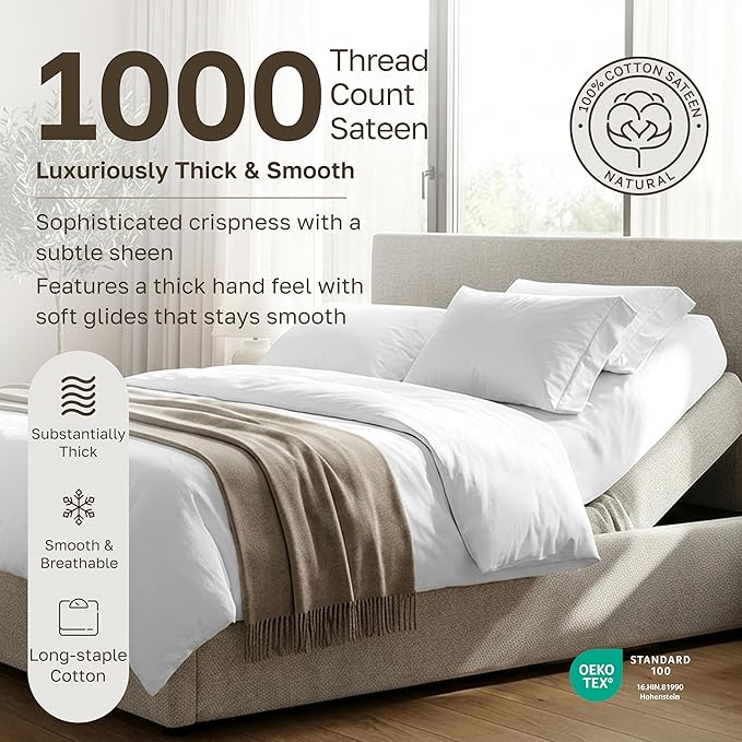 California Design Den Split King Sheets Sets for Adjustable Bed - 1000 Thread Count Sateen, Thick and Natural 100% Cotton Bed Sheets, Deep Pockets, Durable Bedding Set - White
