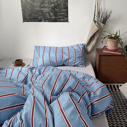 mixinni Vintage Blue & Red Striped Comforter Set Twin XL Size - Soft Cotton 3-Piece Bedding Set (1 Comforter + 2 Pillowcases), Retro Geometric Stripes Pattern, All-Season Lightweight & Breathable