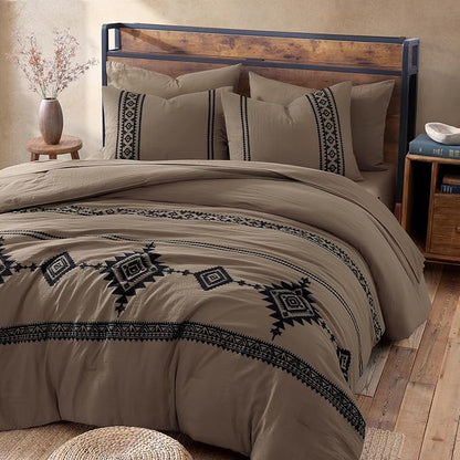 MaiRêve Embroidery Full Size Comforter Set Taupe Grey, Farmhouse Western Boho Bedding Set 7 Pieces, All Season Bed in A Bag Comforter Set with Sheets, Pillowcases & Shams