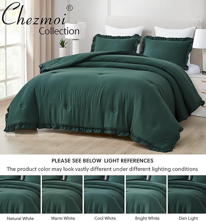 Chezmoi Collection Nora Emerald Green Comforter Set Full Size 3-Piece Fluffy Soft Lightweight Bedding Ruffled Edge Trim Stone-Washed Microfiber Comforter Set for All Season