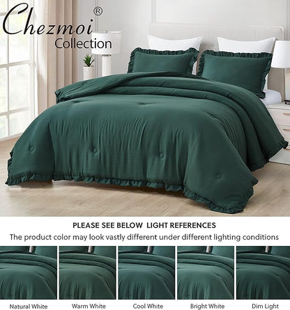 Chezmoi Collection Nora Emerald Green Comforter Set Full Size 3-Piece Fluffy Soft Lightweight Bedding Ruffled Edge Trim Stone-Washed Microfiber Comforter Set for All Season