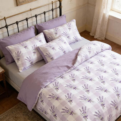 Lavender Comforter Set Full Size 5Pcs Purple Gingham Bedding Boho Plaid Checkered Quilted Comforter with 2 Pillow Cases + 1 Flat Sheet + 1 Fitted Sheet, 79"x90"