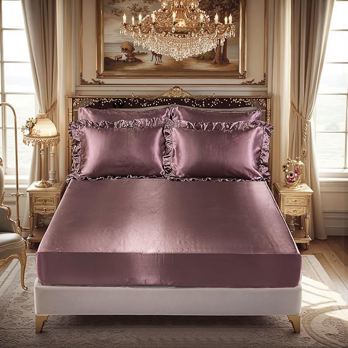 Silk Like Satin Comforter Set with Sheet Set King Size 8 Pieces Blush Pink Satin Bedding Set Silky Ruffle Pattern Home Deocr Luxury Silky Comforter Set with 1 Cushion Cover