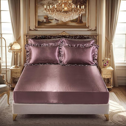Silk Like Satin Comforter Set with Sheet Set King Size 8 Pieces Blush Pink Satin Bedding Set Silky Ruffle Pattern Home Deocr Luxury Silky Comforter Set with 1 Cushion Cover