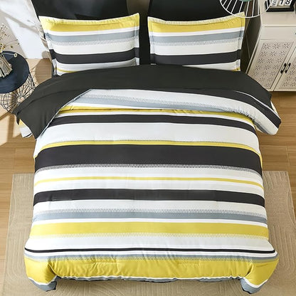 WONGS BEDDING Yellow Comforter King Size Set, 7 Pieces Bed in a Bag Yellow and Black Comforter Set, Soft Boho Striped Bedding Sets with Sheets, Pillowcases & Shams