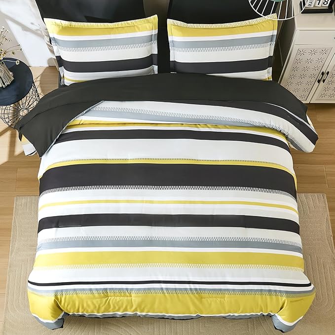 WONGS BEDDING Yellow Comforter Queen Size Set, 7 Pieces Bed in a Bag Yellow and Black Comforter Set, Soft Boho Striped Bedding Sets with Sheets, Pillowcases & Shams