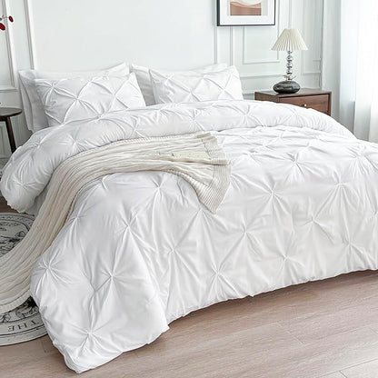 Maple&Stone Twin Comforter Set, 5-Piece Bedding Set with Pinch Pleat Comforter, Sheets, Pillowcases & Shams - White