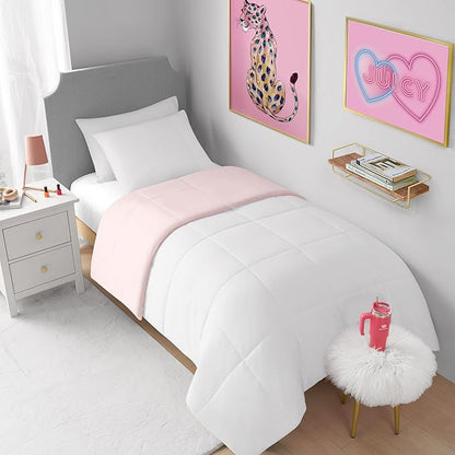 Juicy Couture Reversible Box Stitch Comforter Set, 2-Piece Twin/Twin XL – Pink Marshmallow/White – Glam Bedding Set