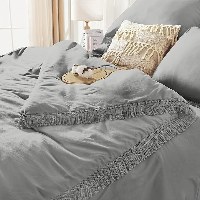 Andency Full Size Comforter Set Medium Grey -7 Pieces Boho Tassel Bed in a Bag Soft Lightweight Bedding Sets, Fringe All Season Bed Set with Comforter, Sheets, Pillowcases & Shams