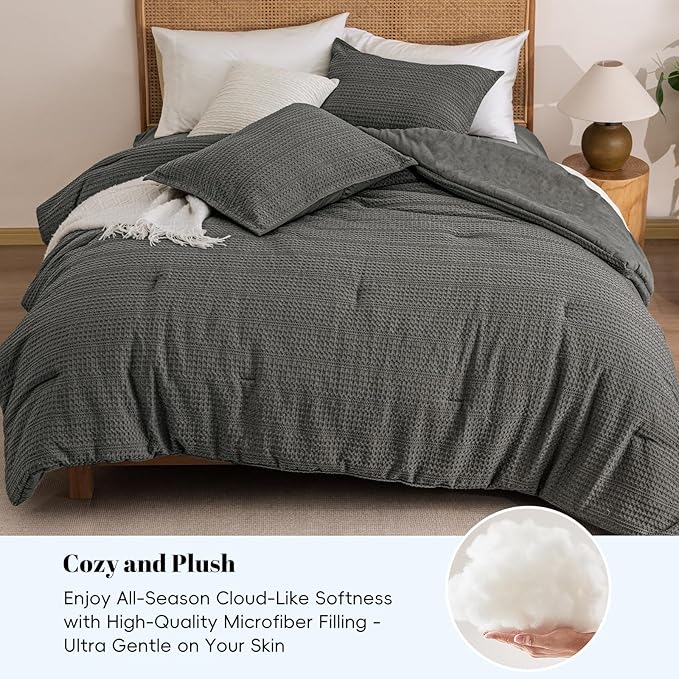 PHF Soft Waffle Comforter Set King Size- Comfy Breathable Waffle Weave Comforter with 2 Pillow Shams, 3 Pieces Less Snagging Lightweight Textured Bedding Set for All Season, Grey