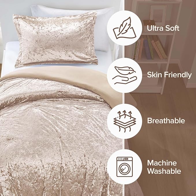 Comfort Spaces Luxe Velvet Comforter Set for Twin/Twin XL Size Bed, Microfiber Reverse, Juliette, All Season Bedding, Fluffy Sham, Champagne 2 Piece
