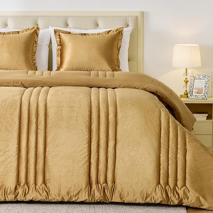MUSSEL Velvet California King Size Comforter Set 3 Pieces,Luxury Gold All Season Cozy Velvet Bedding Comforter Sets,Modern Striped Lightweight Fluffy Bedroom Sets