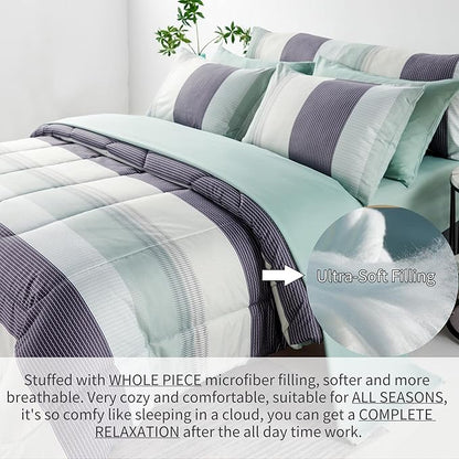 RYNGHIPY Sage Green Striped Comforter Set, Geometric Lightweight Soft Bedding Set, All Season Down Alternative Men Boy Comforter with Sheets Pillowcses (Full,Sage Green)