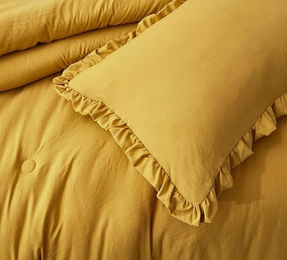 Chezmoi Collection Nora Mustard Yellow Comforter Set Full Size 3-Piece Fluffy Soft Lightweight Bedding Ruffled Edge Trim Stone-Washed Microfiber Comforter Set for All Season