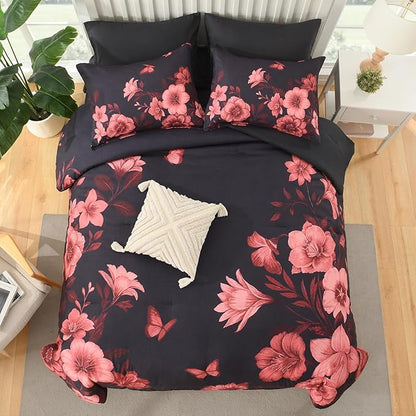 Floral Comforter Set Queen Size, 7 Piece Black Bed in a Bag, Elegant Flower Pattern Comforter Set with Sheet, Soft Microfiber Complete Bedding Sets for All Season
