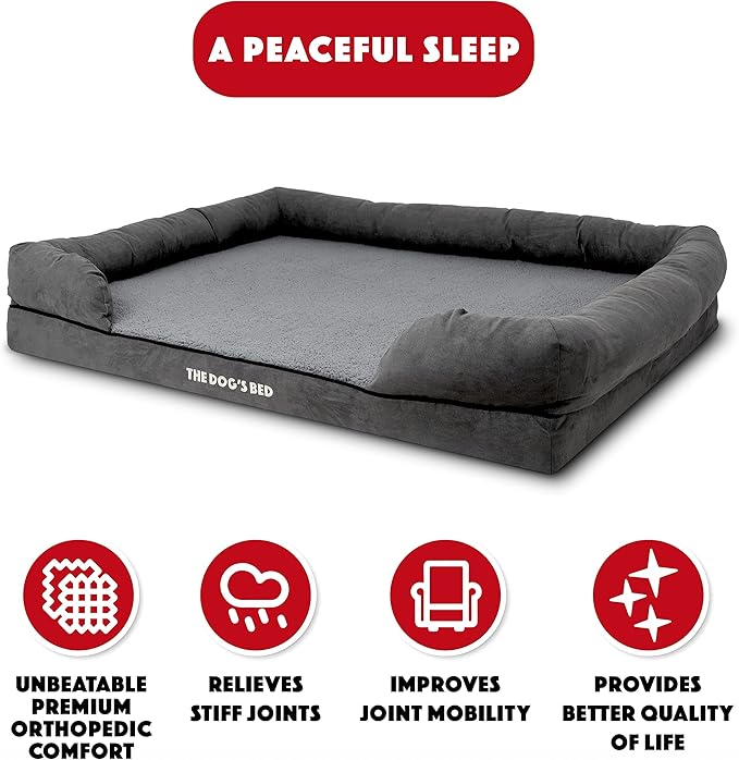 The Dog’s Bed Orthopedic Memory Foam Dog Bed with Bolsters, Plush Fabric, Grey Plush, XXL