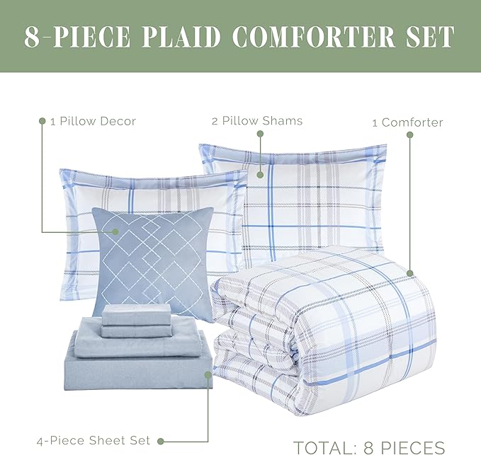 Elegant Comfort 8-Piece Lodge Plaid Reversible Comforter Set - All Season Bed in a Bag, 4-Piece Sheet Set Featuring Smart Pockets, Matching Shams and Decorative Pillow, King/California King, Aqua