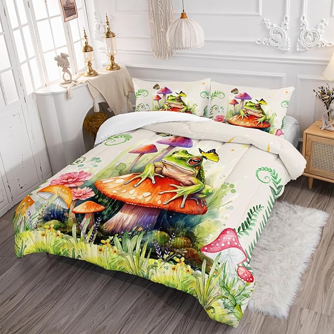 Frog Comforter Set Queen Size,Botanica Mushroom 3 Piece Bedding Set for Kids,Cartoon Comforter for Room Decor Cute Decor Beige Red Duvet Set Queen Size 3Pcs Quilt Set