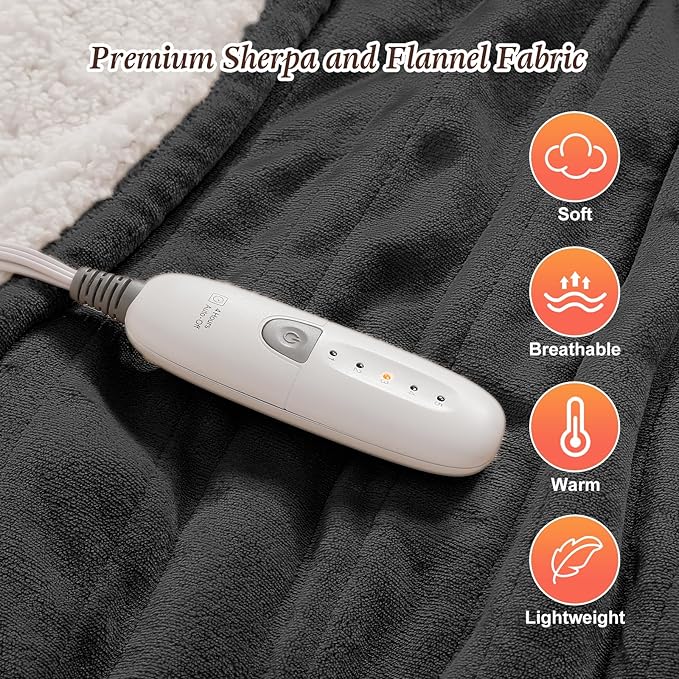 Heated Blanket Full Size Electric Heating Blanket 72''x84'', Washable Heated Blanket with Ultra Soft Sherpa and Plush Flannel, 5 Heat Settings & 10-hr Shut-Off Full Electric Blanket (Charcoal Gray)