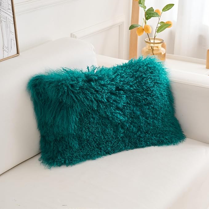 Genuine Mongolian Lamb Fur Pillow Cover – 12"x20" Rectangular Cushion Case – Soft Curly Wool Decorative Accent for Sofa, Bed, or Chair(Teal)