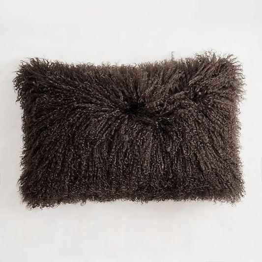 Genuine Mongolian Lamb Fur Pillow Cover – 12"x20" Rectangular Cushion Case – Soft Curly Wool Decorative Accent for Sofa, Bed, or Chair (Chocolate Brown)