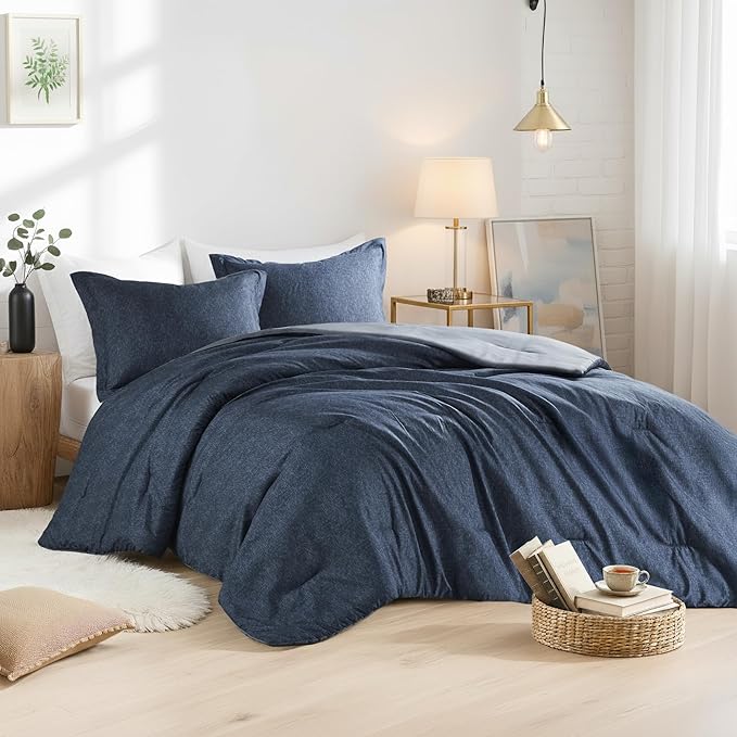Full/Queen Size Comforter Set, Lightweight Navy Soft Bedding for All Seasons, 3 Pieces Chambray Print Solid Farmhouse Bed Set, Comforter & Shams