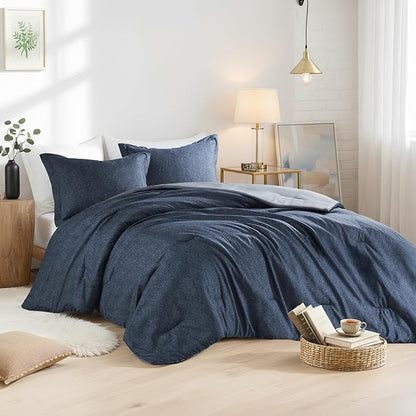 King Size Comforter Set, Lightweight Navy Soft Bedding for All Seasons, 3 Pieces Chambray Print Solid Farmhouse Bed Set, Comforter & Shams