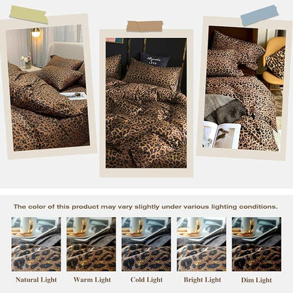 mixinni Leopard Print Comforter Set King-3 Pieces Animal Cheetah Printed Comforter Sexy Soft Fluffy Brown/Black Floral Print Bedding Set with 2 Pillowcases for All Season-King Size