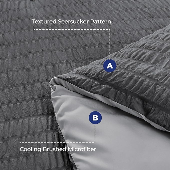 HYMOKEGE Dark Grey/Light Grey Full Size Comforter Sets Seersucker 7 Pieces, All Season Luxury Bed in a Bag for Bedroom, Bedding Set with Comforter, Sheets, Pillowcases & Shams