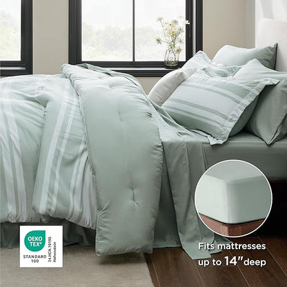 Bedsure Twin Comforter Set 5 Pieces, Sage Green Striped Bedding Set for All Seasons, Reversible, Cationic Dyeing Bed in a Bag with Comforter, Sheets, Pillowcase & Sham