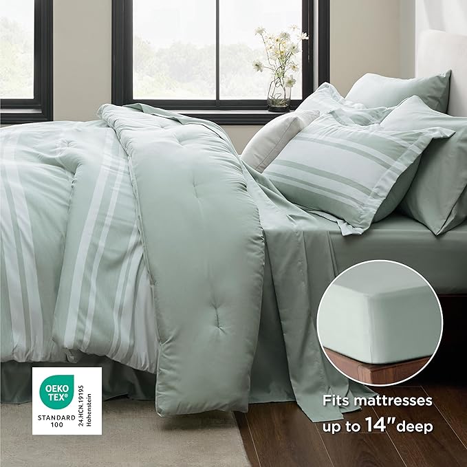 Bedsure Queen Comforter Set 7 Pieces, Sage Green Striped Bedding Set for All Seasons, Reversible, Cationic Dyeing Bed in a Bag with Comforter, Sheets, Pillowcases & Shams