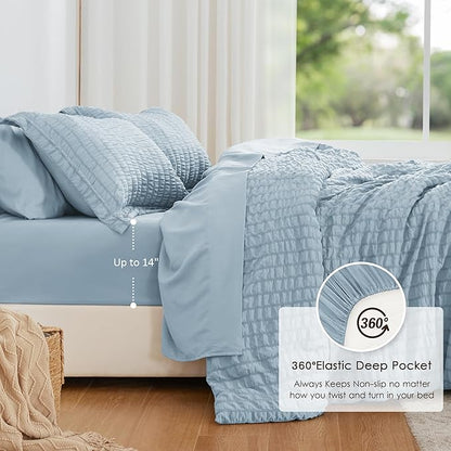 Love's cabin Seersucker Light Blue Queen Comforter Set, 7-Piece All Season Lightweight Bed in a Bag Bedding Set with Comforter, Flat Sheet, Fitted Sheet, Pillowcases and Shams | Soft, Breathable, Lightweight