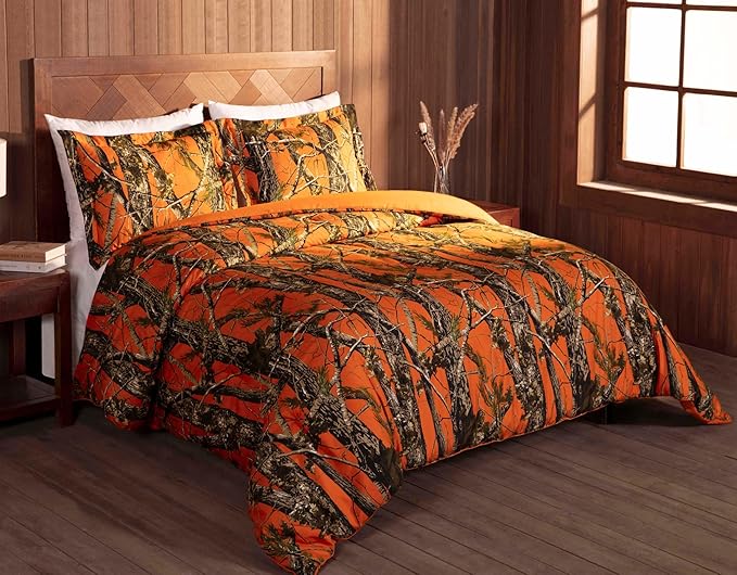 Chezmoi Collection Salem 3-Piece Cabin Lodge Forest Woods Comforter Set - Nature Camo Tree Leaves Printed Soft Microfiber Bedding - Orange, Queen