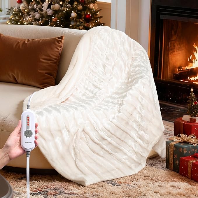 WOOMER Heated Blanket Throw 50" x 60", Electric Blanket Throw with 4 Heating Levels & 4H Auto Off, ETL Certified, White Double-Sided Velvet, Over-Heat Protect, Machine Washable