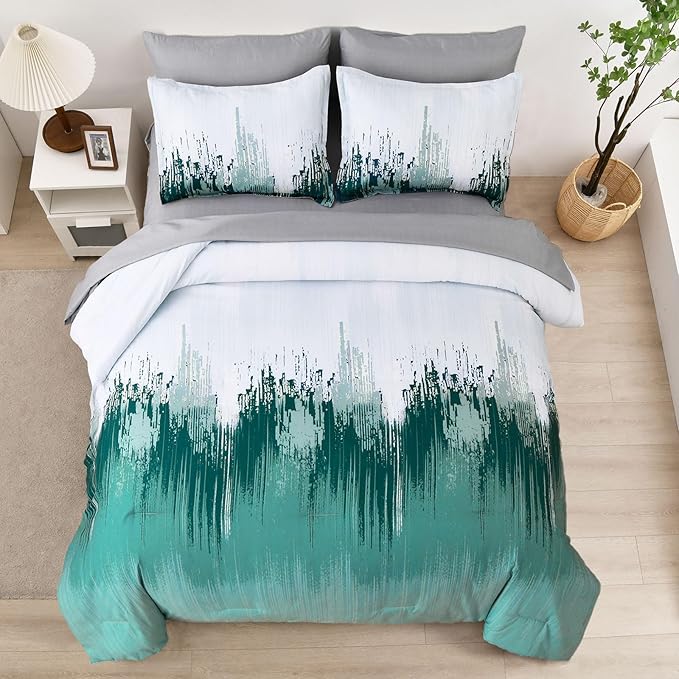 WONGS BEDDING Comforter Set King, Aqua 7 Pieces Bed in a Bag Abstract Art Gradient Comforter Soft Microfiber Bedding Set -1 Comforter, 1 Flat Sheet, 1 Fitted Sheet, 2 Pillow Shams,2 Pillowcases